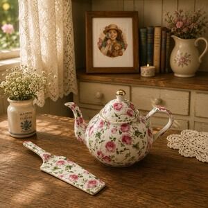 Baum Bros FORMALITIES Tea Pot Victorian Rose Chintz Pink Vtg Ivy Cake Server
